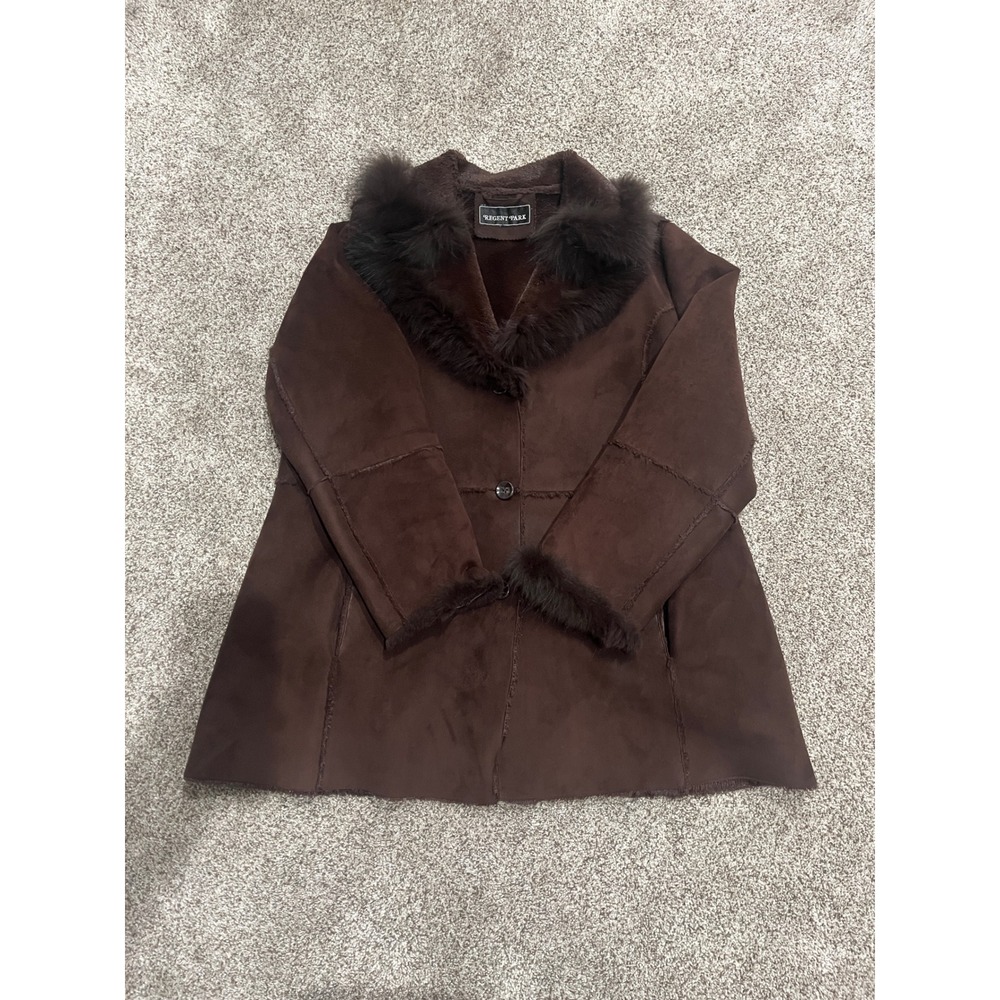 Regent Park Brown Faux Suede Shearling Coat Real Fur Trim Collar Lined Jacket XL